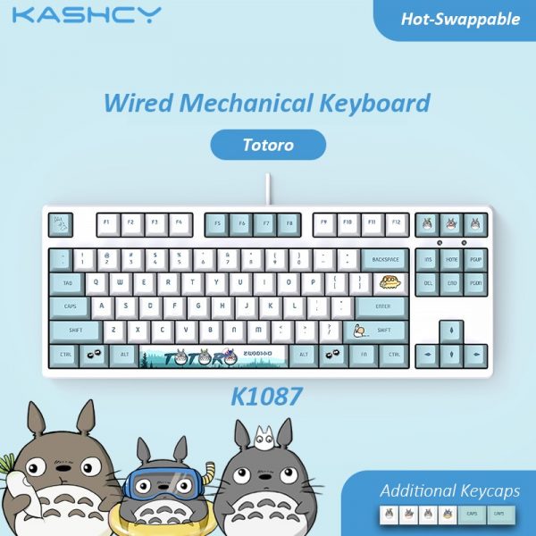 KASHCY K1087 Cyan Totoro Wired Mechanical Gaming Keyboard Swappable Switch with 87 Keys PBT Dye Sublimation - Anime Keyboard