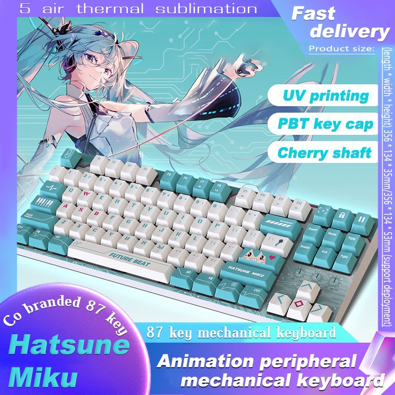 Hatsune Miku Peripheral Products Joint 87 Key Mechanical Keyboard Miku Peripheral Green And Black Tea Shaft - Anime Keyboard
